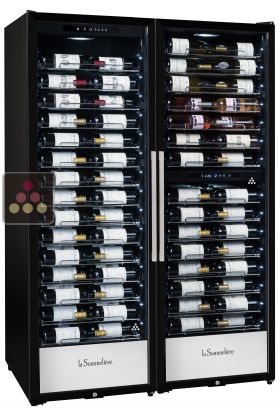 Combination of a single-temperature wine cabinet and a 2 temperatures wine cabinet for service or storage