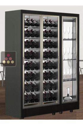 Combination of 1 wine display case and 1 non-refrigerated module for glassware or spirits with 2 glazed sides for central installation - Inclined bottles - FIT frame  