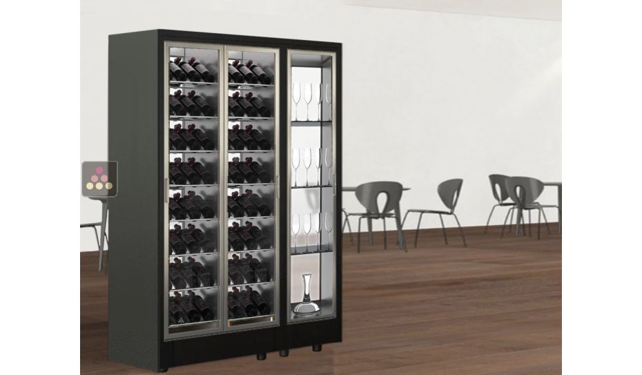 Combination of 1 wine display case and 1 non-refrigerated module for glassware or spirits with 2 glazed sides for central installation - Inclined bottles - FIT frame  