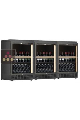 Combination of 3 built-in single temperature wine cabinets for wine storage or service with a sliding shelves for standing bottles