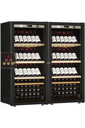 Combination of 2 single temperature wine ageing or service cabinets - Inclined shelves - Full Glass door