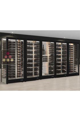 Combination of 5 professional multi-purpose wine display cabinet for central installation - 4 glazed sides - Horizontal/inclined/mixt bottles - Magnetic and interchangeable cover