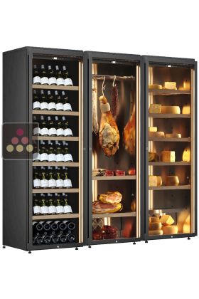 Combination of a wine cabinet, a cured meat cabinet and a cheese cabinet - Inclined bottle display