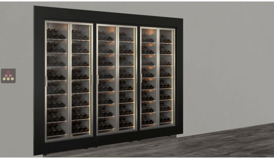 Built-in combination of 3 professional multi-temperature wine display cabinets - Inclined bottles - Flat frame